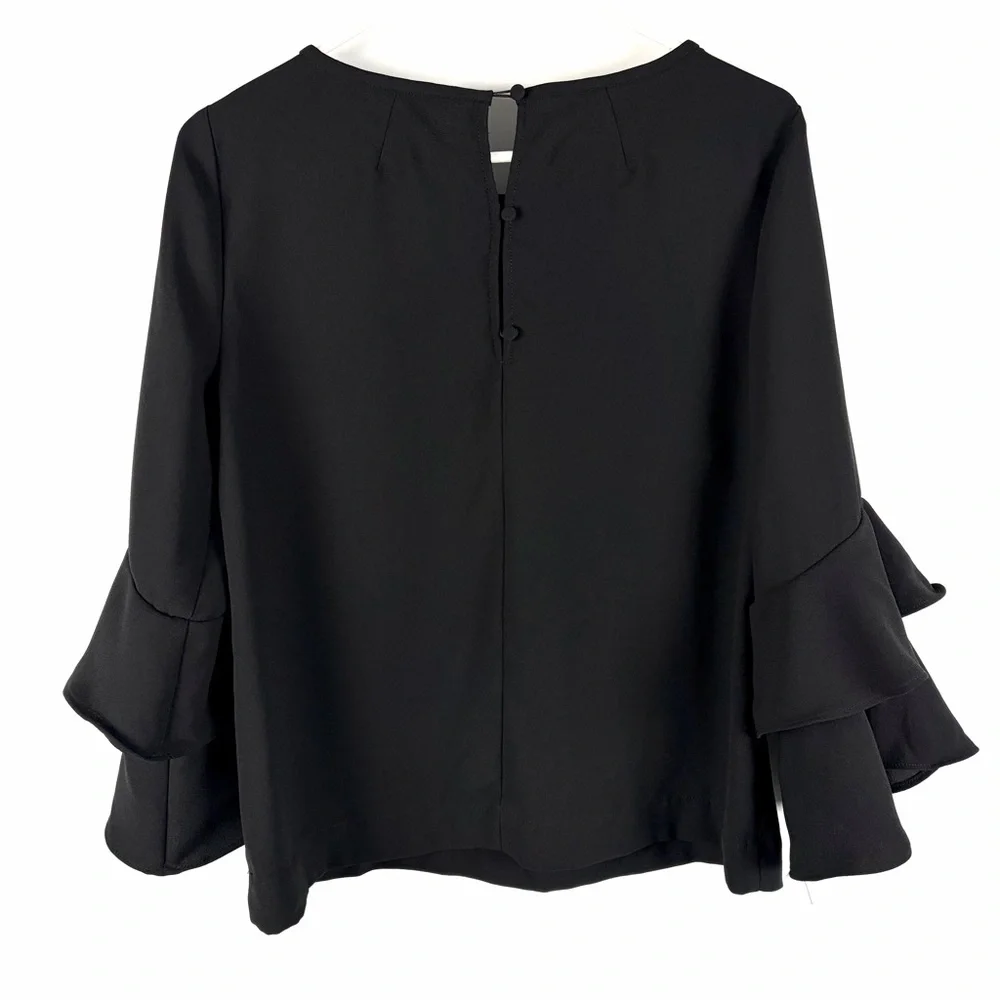 J.Crew Black Ruffle Sleeve Blouse Size 6 Keyhole Back Flowy Top - Picture 6 of 12